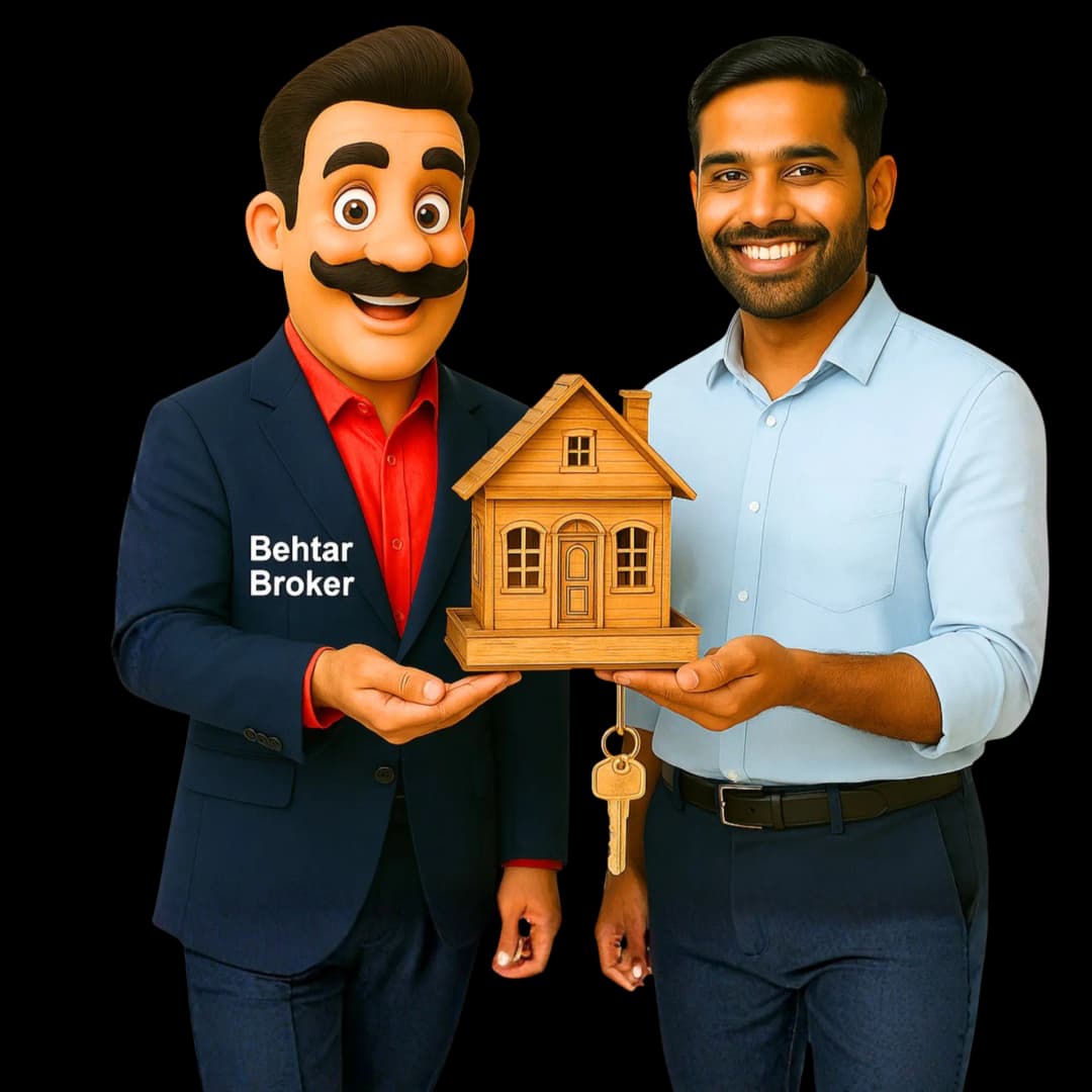 Behtar Broker mascot with happy customer holding home
