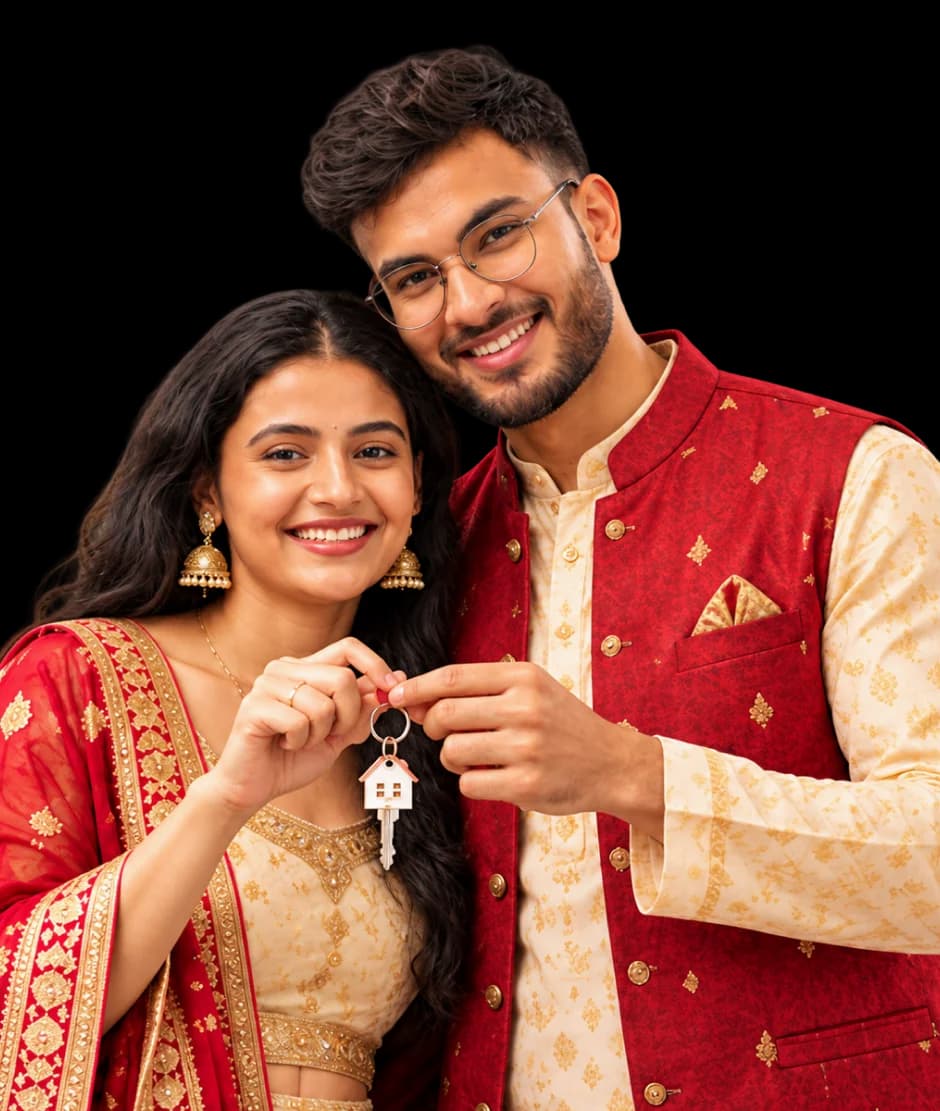 A smiling couple in festive clothes holding the keys to their new home